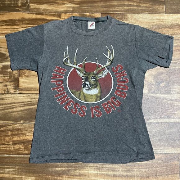 Vtg 1980s Happiness is Big Bucks Heather Grey Whitetail Deer Hunting Shirt Small - Picture 2 of 9